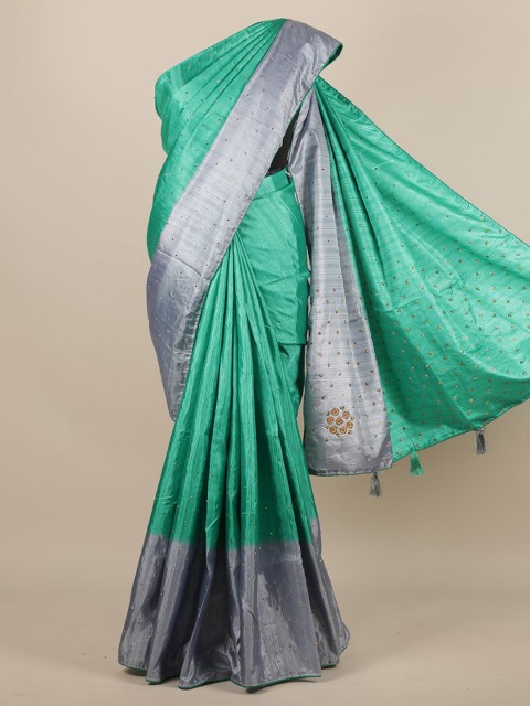 

Pothys Green & Grey Jute Silk Solid Saree
