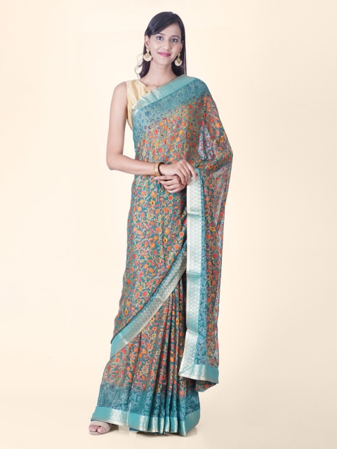 Hastakala Green & Orange Poly Chiffon Printed Banarasi Saree