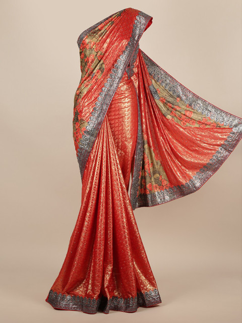 

Pothys Red & Gold-Toned Jute Silk Printed Saree
