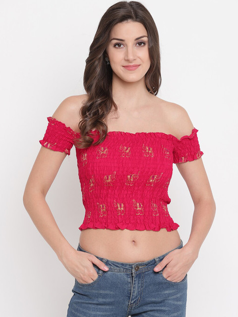 

Aawari Pink & Gold-Toned Off-Shoulder Bardot Smocking Crop Top
