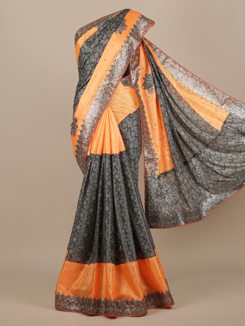 

Pothys Grey & Orange Jute Silk Embellished Saree