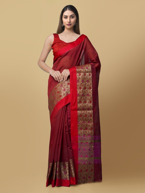 

Unnati Silks Maroon Art Silk Solid Block Print Saree