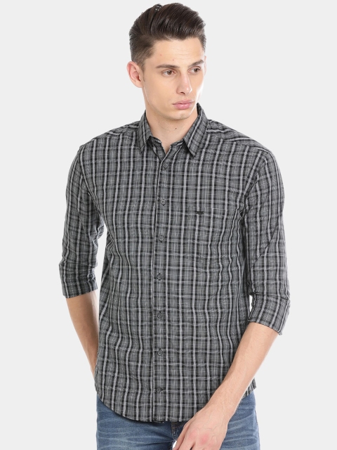 Double Two Men Charcoal Grey & Black Slim Fit Checked Cotton Casual Shirt
