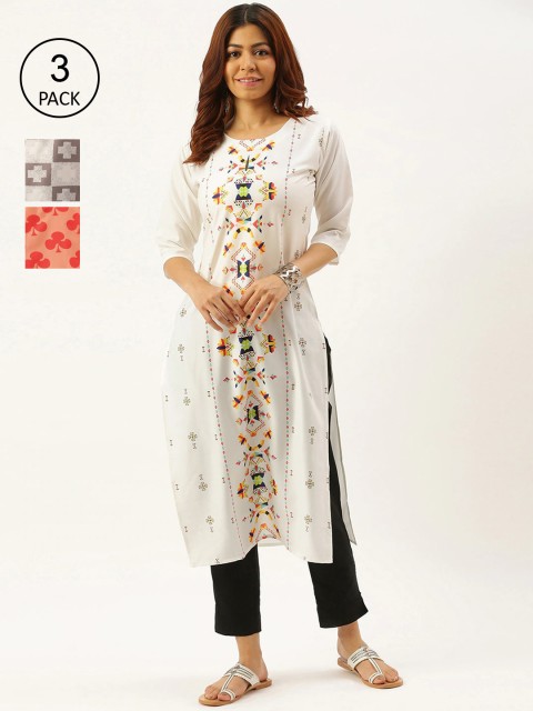 

7Threads Women Set Of 3 Printed Crepe Kurta, White