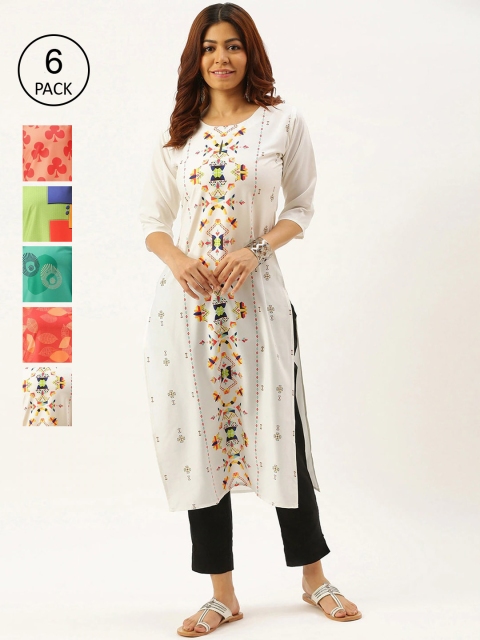 

7Threads Women Pack of 6 Quirky Printed Crepe Kurtas, White