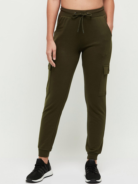 

max Women Olive Green Regular Fit Solid Pure Cotton Joggers