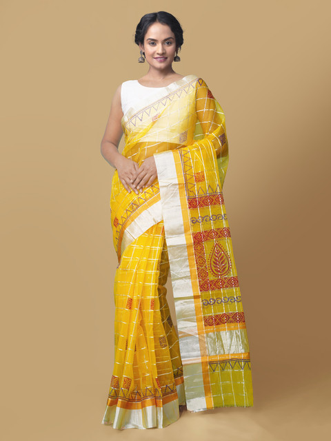 

Unnati Silks Yellow Organza Printed Block Print Sustainable Saree