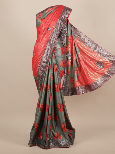 Pothys Grey & Peach-Coloured Jute Silk Printed Saree