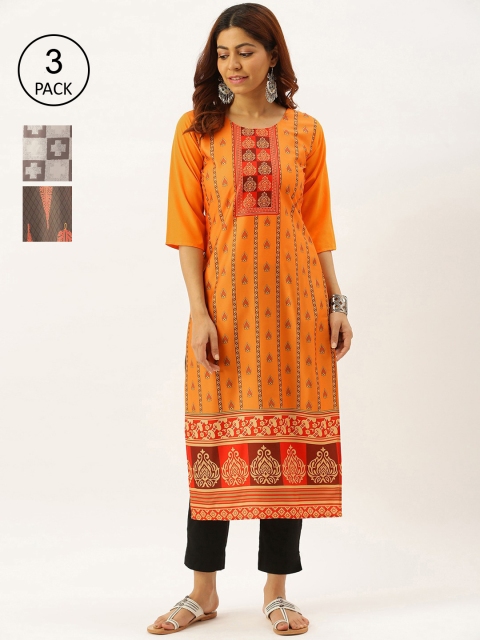 

7Threads Women Set Of 3 Printed Crepe Kurta, Orange