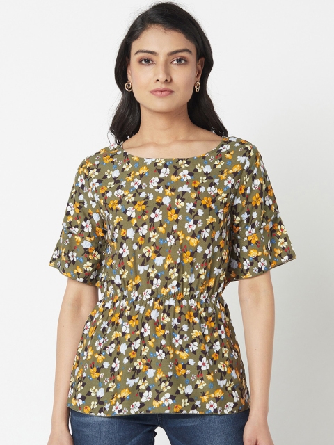 

Miss Grace Green & Off White Floral Cinched Waist Top