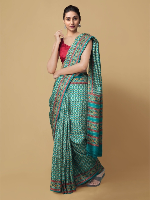

Unnati Silks Green Pure Silk Printed Tussar Saree