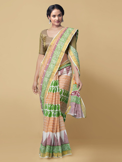 

Unnati Silks Cream-Coloured & Orange Pure Cotton Printed Saree