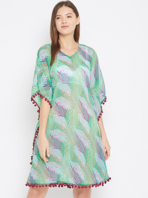 

The Kaftan Company Women Green & Pink Printed Cover-Up Dress With Pom-Pom Trim