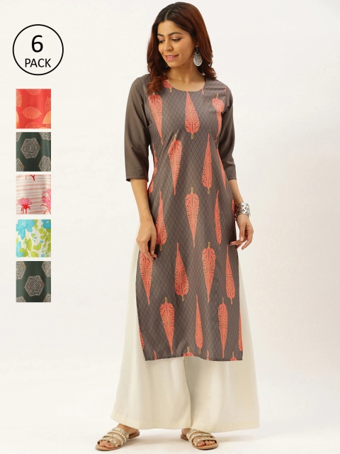

7Threads Women Pack Of 6 Ethnic Motifs Printed Crepe Kurta, Multi
