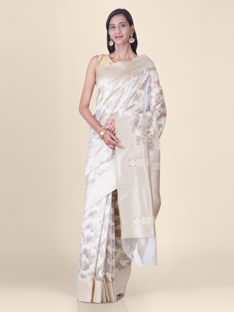 

Hastakala Cream-Coloured & Gold-Toned Tissue Woven Design Handloom Banarasi Saree