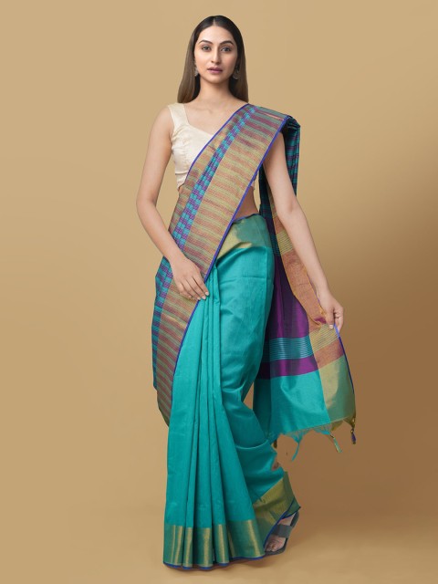 

Unnati Silks Blue Art Silk Solid Block Print Saree