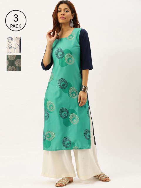 

7Threads Women Multicoloured Set of 3 Ethnic Motifs Printed Crepe Kurta, Multi