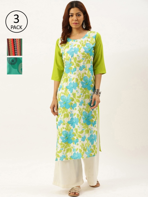 

7Threads Women Pack of 3 Multicoloured Floral Printed Crepe Kurta, Multi