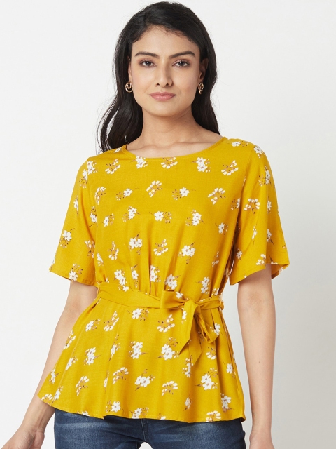 

Miss Grace Mustard Floral Cinched Waist Cotton Top