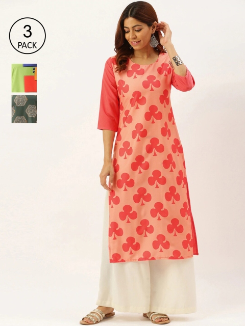 

7Threads Women Pack of 3 Geometric Printed Crepe Kurtas, Pink