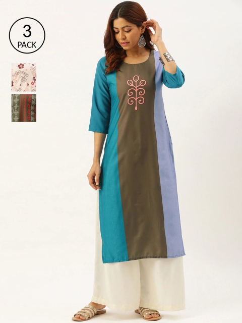 

7Threads Women Multicoloured Set of 3 Printed Crepe Kurta, Multi