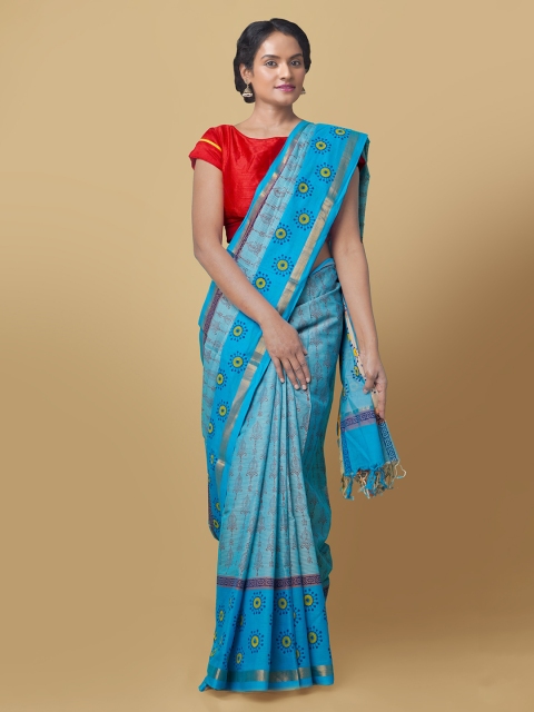 

Unnati Silks Blue Pure Cotton Printed Mangalagiri Saree