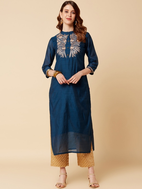 

Varanga Women Teal Blue Floral Embroidered Thread Work Handloom Kurta