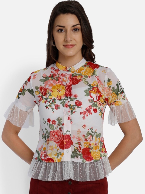 

Yaadleen White & Red Floral Printed Flutter Sleeves Georgette Peplum Top