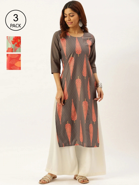 

7Threads Women Pack of 3 Brown & Peach-Coloured Ethnic Motifs Printed Crepe Kurta