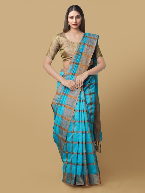 

Unnati Silks Turquoise Blue & Brown Art Silk Checked Block Print Saree