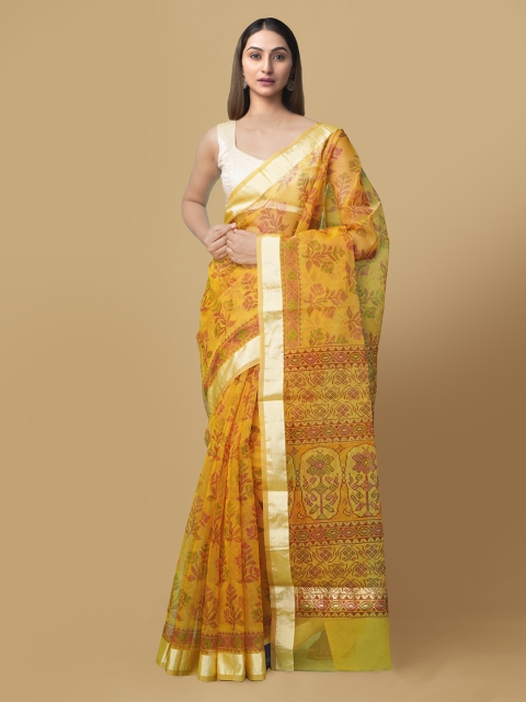 

Unnati Silks Yellow Organza Printed Block Print Saree