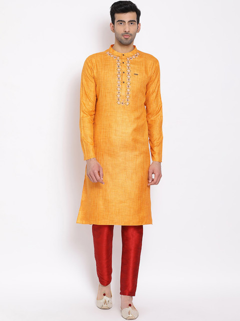 

DEVOILER Men Yellow Yoke Design Kurta