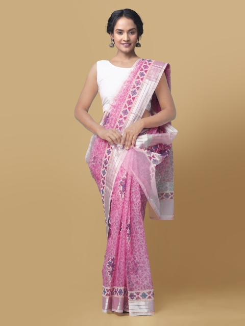 

Unnati Silks Pink Organza Printed Block Print Saree