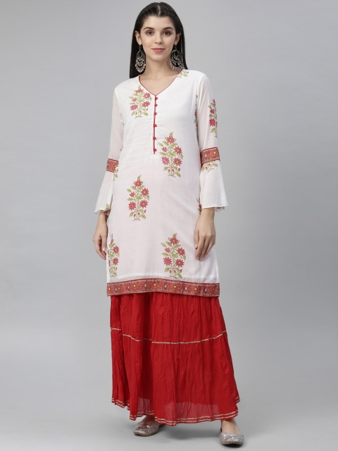 

nesara Women White & Red Printed Kurta with Skirt