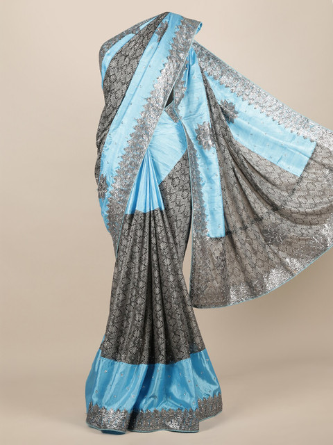 

Pothys Grey & Blue Jute Silk Printed Saree