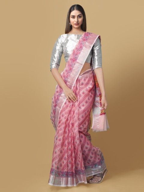 

Unnati Silks Pink Organza Printed Block Print Saree