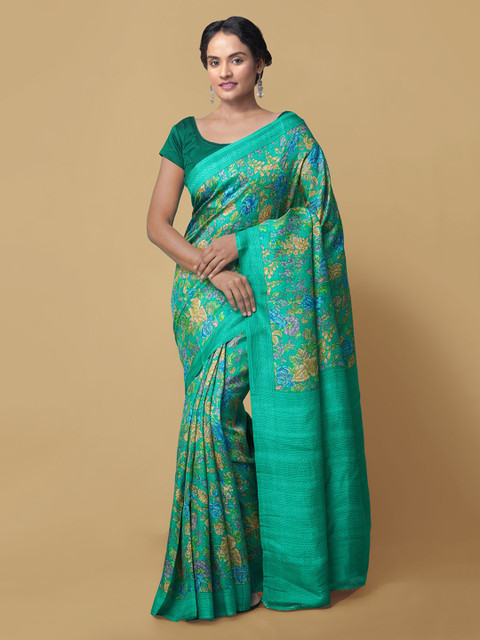 

Unnati Silks Green Pure Silk Printed Handloom Tussar Sustainable Saree