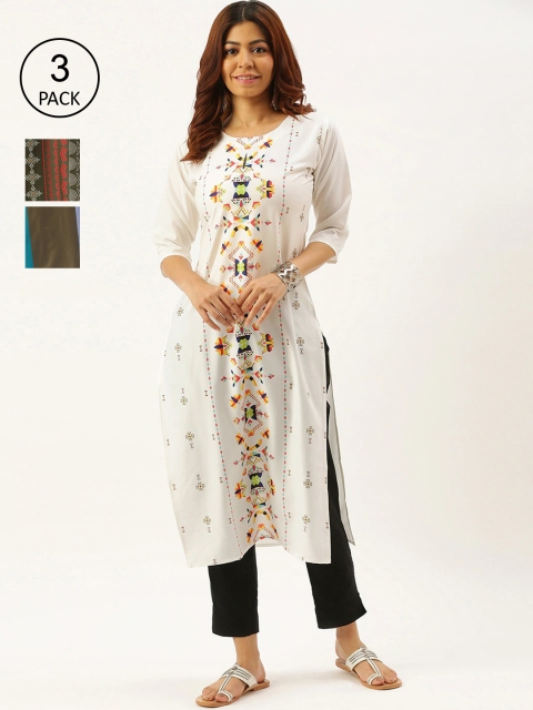 

7Threads Women Pack Of 3 Multicoloured Geometric Printed Crepe Kurtas, Multi