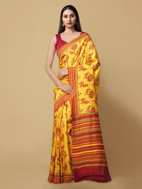 

Unnati Silks Yellow & Red Pure Silk Printed Tussar Saree