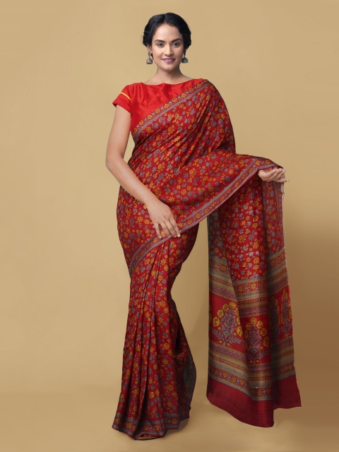 

Unnati Silks Red & Blue Pure Silk Printed Tussar Handloom Saree