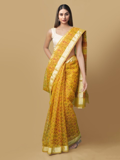 

Unnati Silks Yellow Organza Printed Block Print Saree