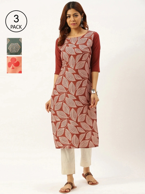 

7Threads Women Pack Of 3 Ethnic Motifs Printed Crepe Kurta, Multi