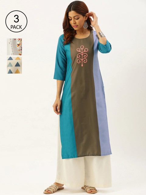 

7Threads Pack of 3 Women Multicoloured Ethnic Motifs Printed Crepe Kurta, Multi