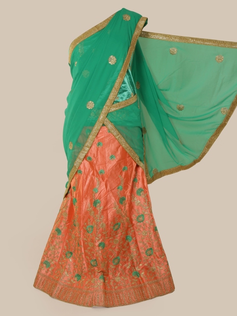 

Pothys Green & Orange Poly Chiffon Embroidered Traditional Half Saree