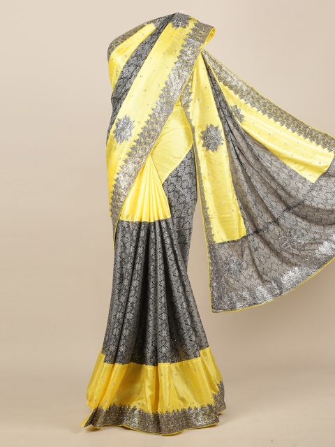 

Pothys Grey & Yellow Jute Silk Colourblocked Saree