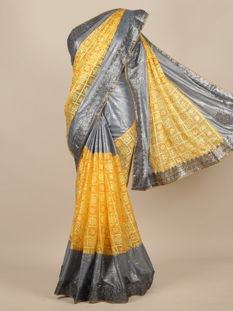 

Pothys Yellow & Grey Poly Chiffon Colourblocked Saree