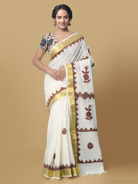 

Unnati Silks Cream-Coloured & Gold-Toned Pure Cotton Embellished Kasavu Saree