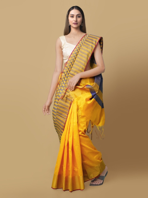

Unnati Silks Yellow & Blue Art Silk Printed Block Print Saree