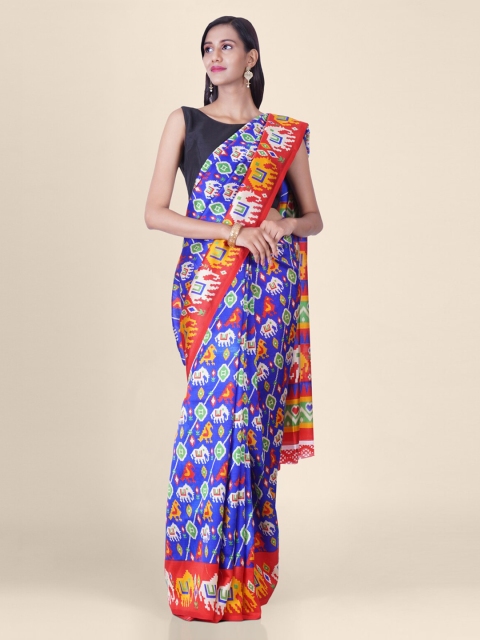 

Hastakala Blue & Orange Poly Silk Printed Handloom Banarasi Saree