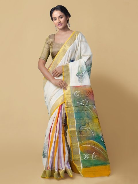 

Unnati Silks Multicoloured Pure Cotton Printed Kasavu Saree, Multi